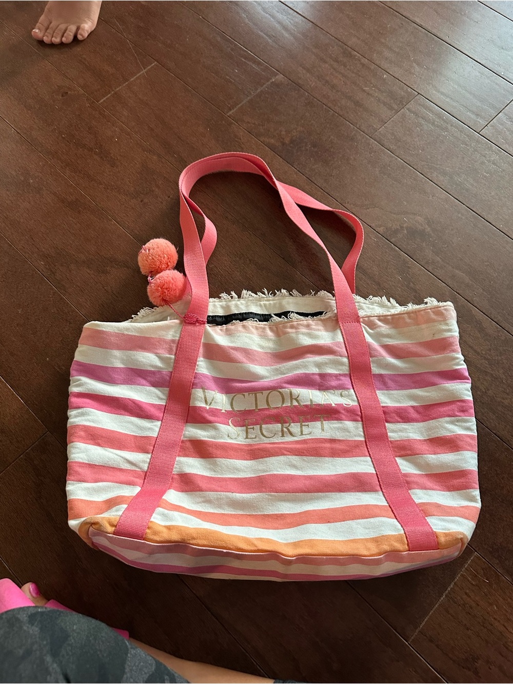 Victoria's Secret Pink, White & Orange Striped Canvas Tote with Pom-Poms